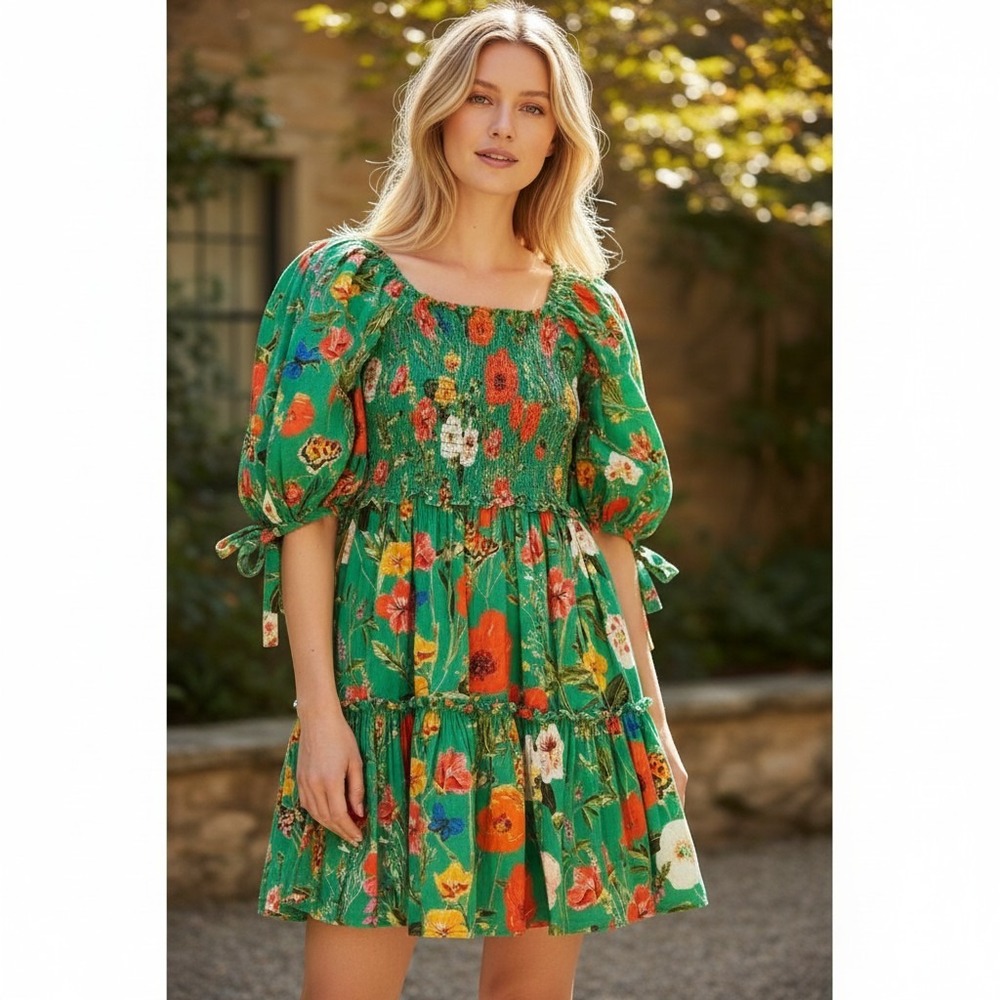 Cara Cara Lenny Dress Womens XS Green Floral Garden Coquette Peasant Preppy